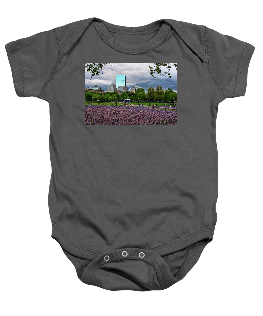 Boston Baby Onesie featuring the photograph Boston Common Memorial Day Flags Dramatic Sky Boston MA Tree by Toby McGuire