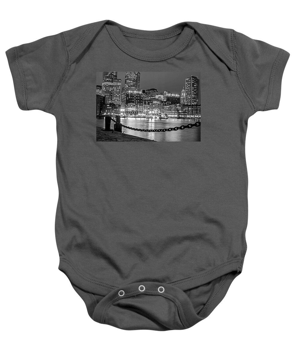 Boston Baby Onesie featuring the photograph Boston Waterfront in Red White and Blue Boston MA Black and White by Toby McGuire