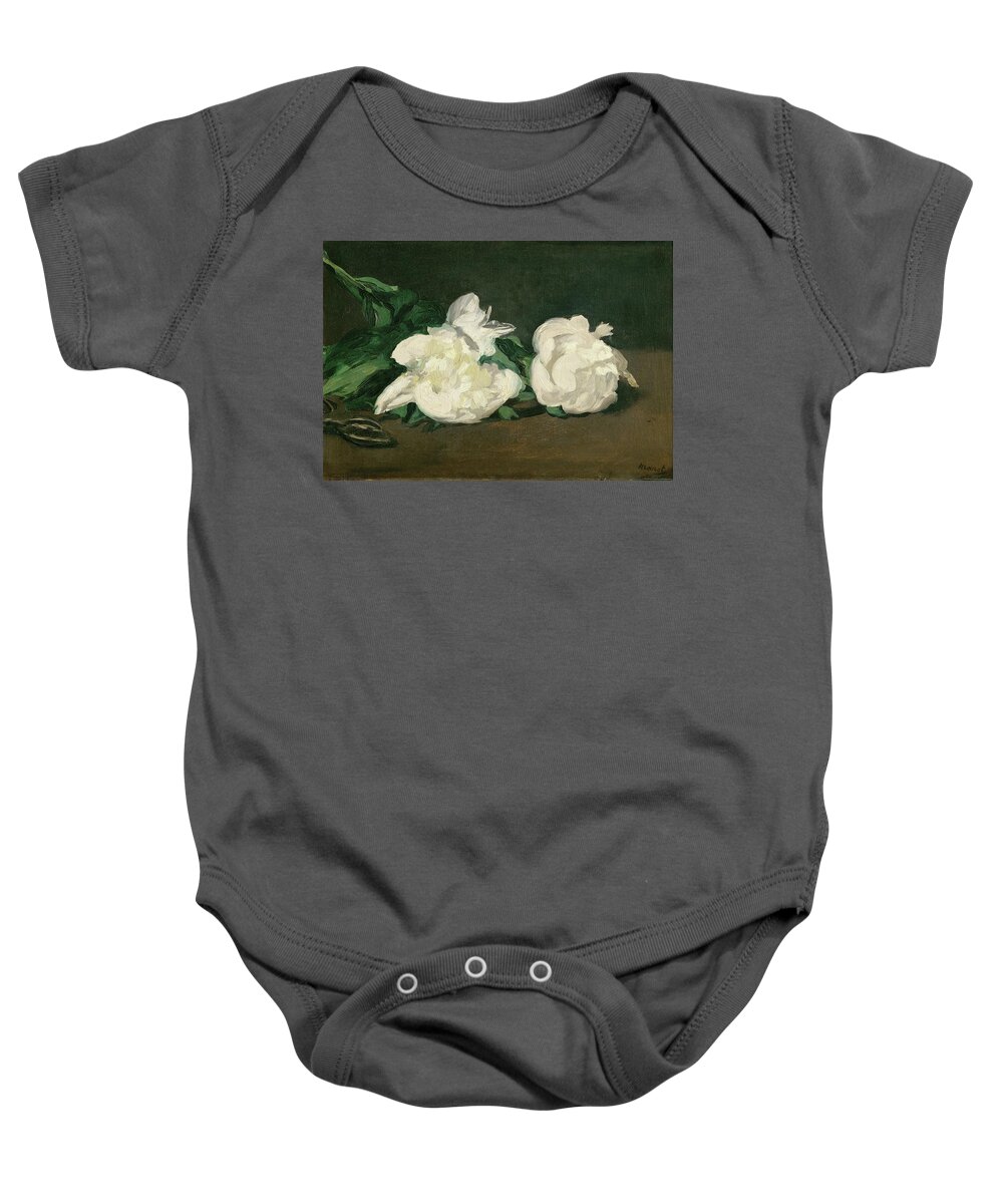 Edouard Manet Baby Onesie featuring the painting Branche de pivoines blanches et secateur, 1864 A twig of white peonies with pruning shears, 1864. by Edouard Manet -1832-1883-