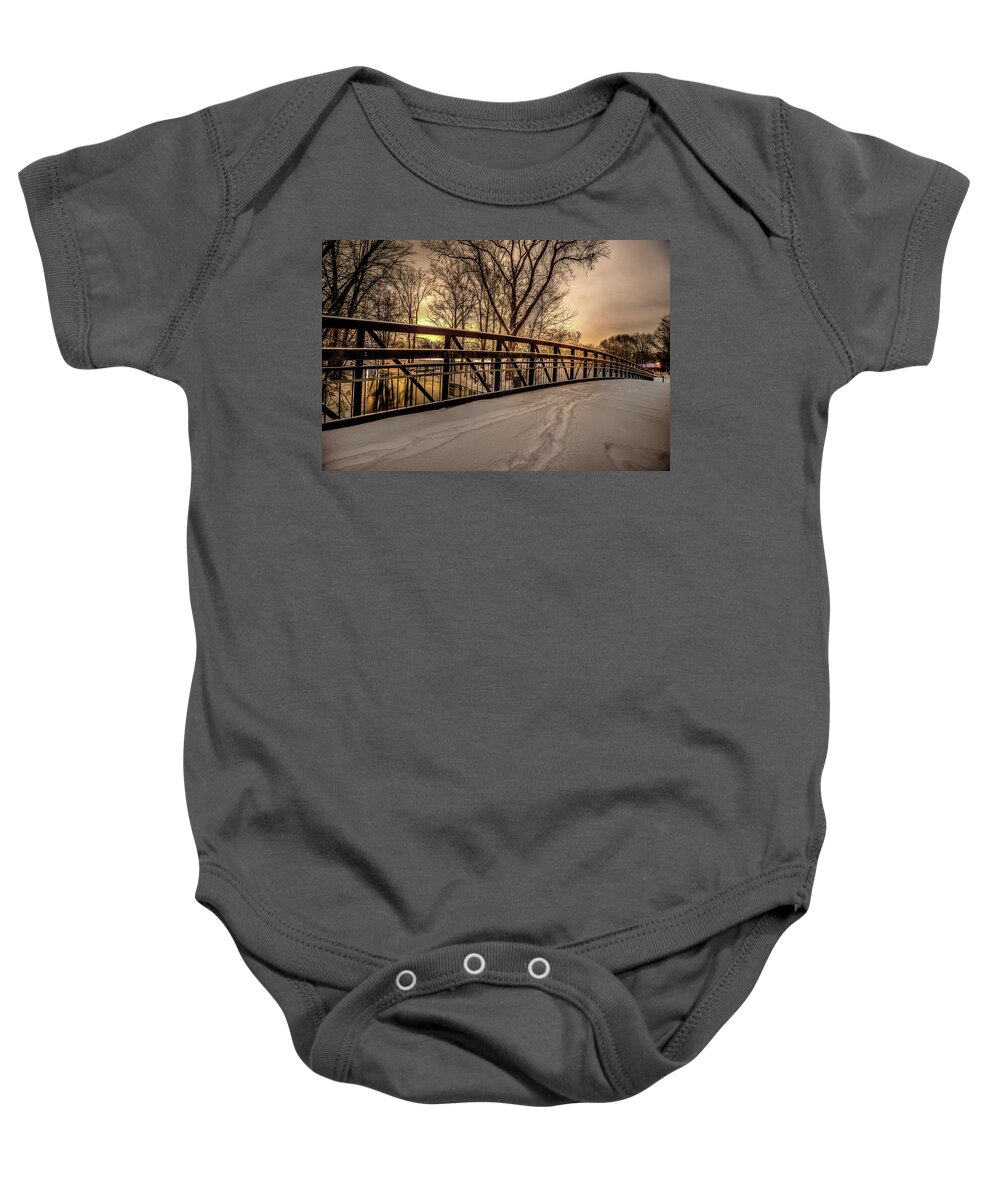  Baby Onesie featuring the digital art Bridge at Night in the Snow V2 DSC_0087 by Michael Thomas