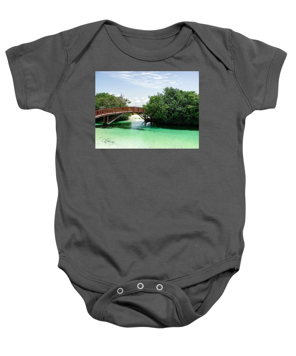 Beach Baby Onesie featuring the photograph Bridge by the Sea by Kelly Thackeray