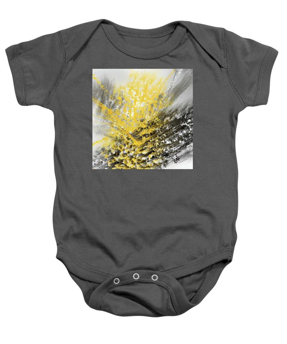 Yellow Baby Onesie featuring the painting Burst Of Sun - Yellow And Gray Contemporary Art by Lourry Legarde