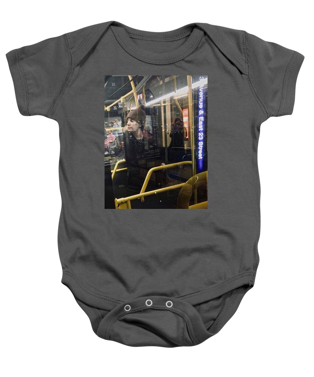 Reflective Color Photo Portrait Of Man On Nyc Bus Baby Onesie featuring the photograph Bus Stop Memories by Joan Reese