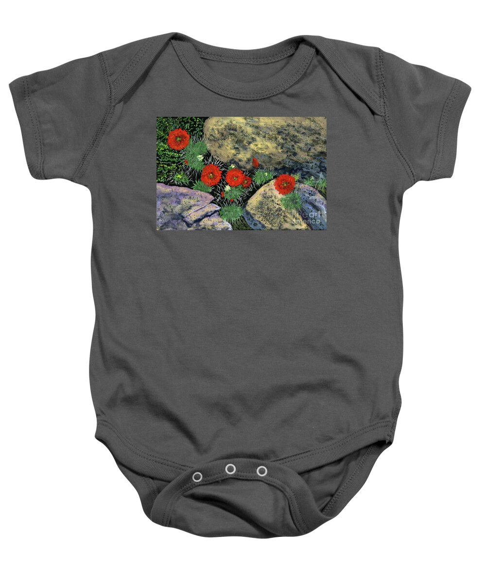 Cactus Baby Onesie featuring the painting Cactus Blooms Among the Rocks by Ginny Neece