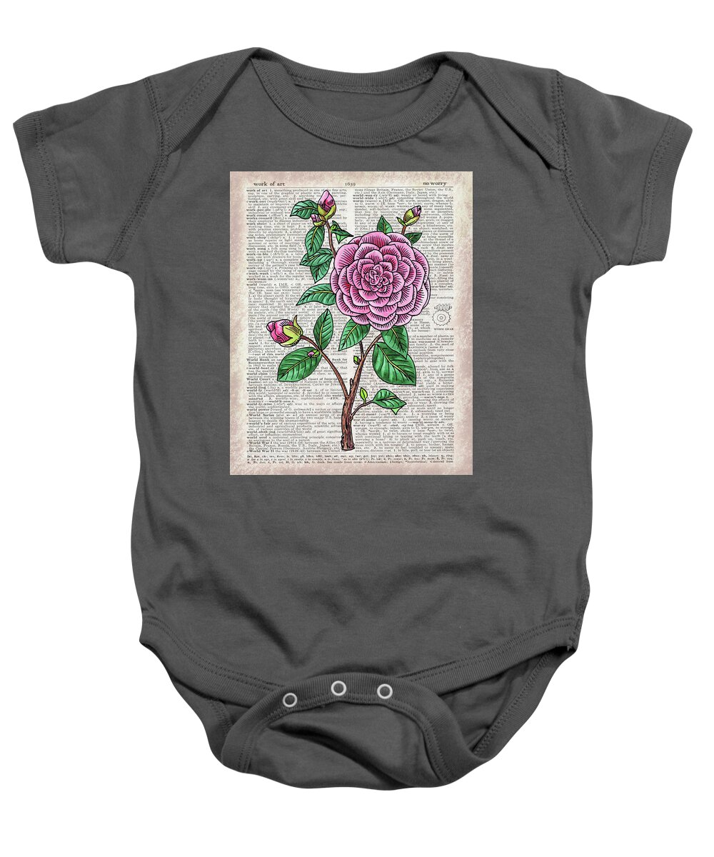 Dictionary Baby Onesie featuring the painting Camellia Dictionary Page Watercolor Art by Irina Sztukowski