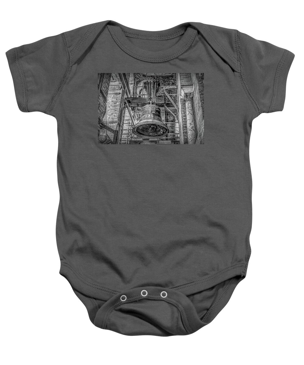 Giralda Baby Onesie featuring the photograph Cathedral Bell of Seville, Black and White by Marcy Wielfaert