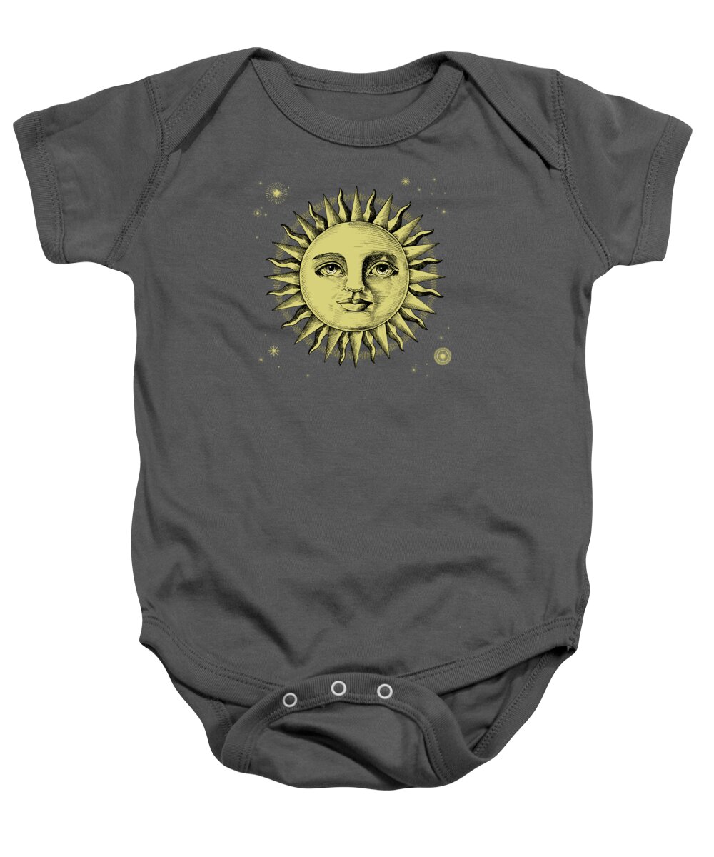  Baby Onesie featuring the painting Celestial Antique Sun And Sky Watercolor Batik by Little Bunny Sunshine