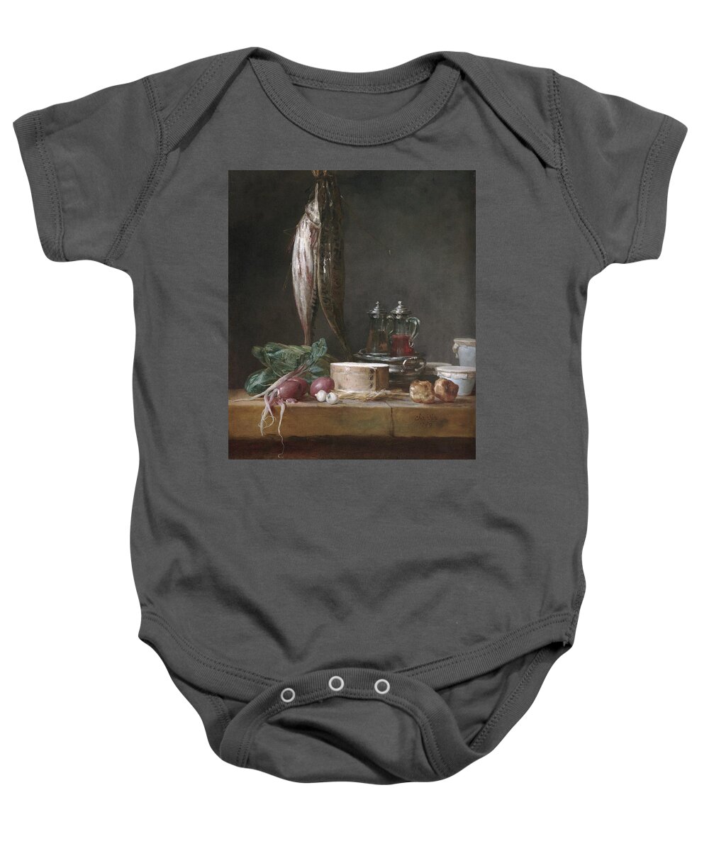 B1019 Baby Onesie featuring the painting Still Life with Fish, Vegetables, Gougeres, Pots, and Cruets on a Table by Jean-simeon Chardin