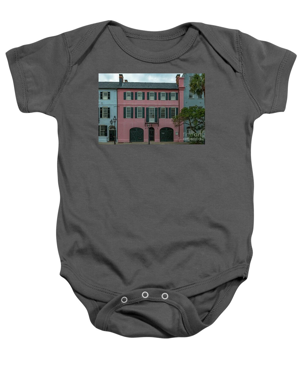 Pink House Baby Onesie featuring the photograph Charleston Rainbow Row Pink House - Georgian Row Houses by Dale Powell