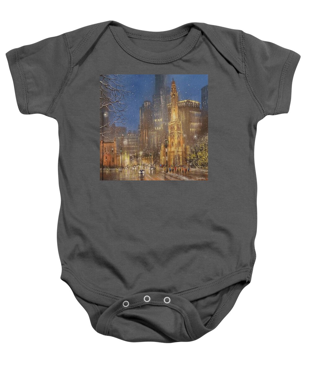 Snow Scene Baby Onesie featuring the painting Chicago Water Tower by Tom Shropshire