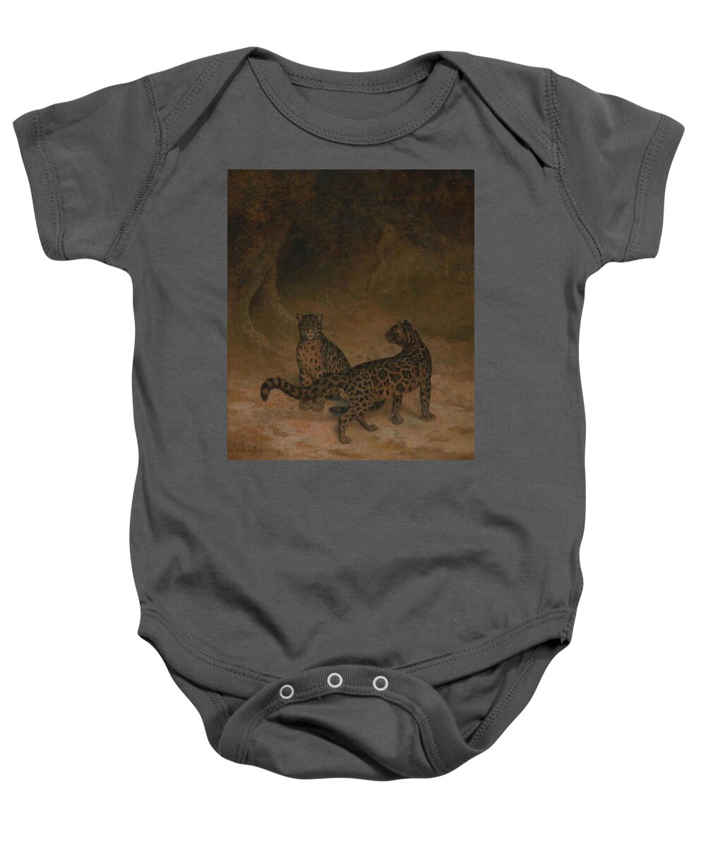Nature Baby Onesie featuring the painting Clouded Leopards, Jacques Laurent Agasse by Celestial Images