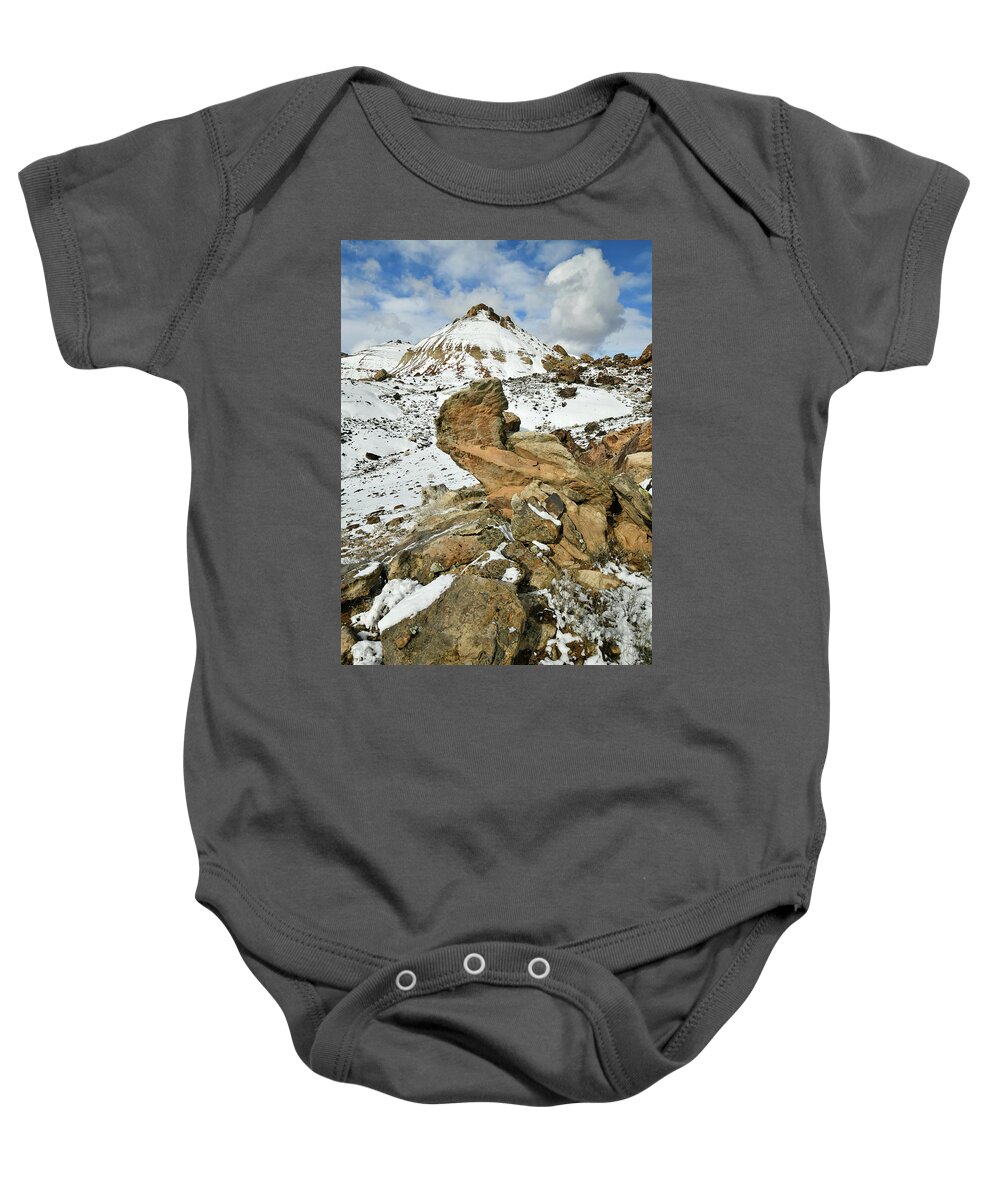 Ruby Mountain Baby Onesie featuring the photograph Clouds Billow over Ruby Mountain in Snow by Ray Mathis