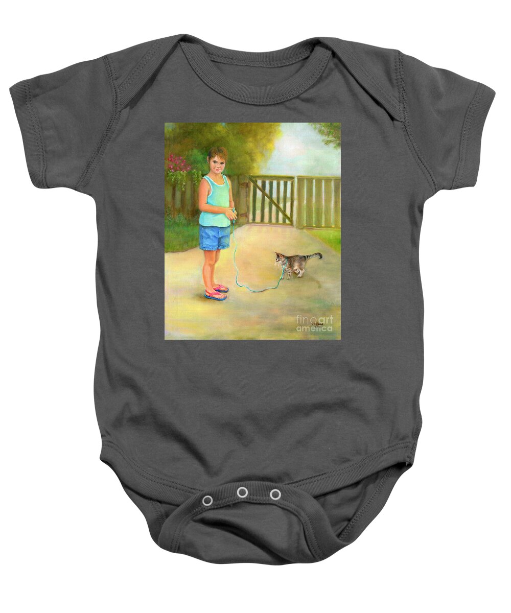 Girl Baby Onesie featuring the painting Come Along Kitty by Marlene Book