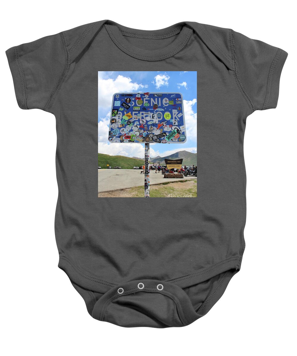 Sign Baby Onesie featuring the photograph Covered Independence Pass Colorado Scenic Overlook sign by Adam Long