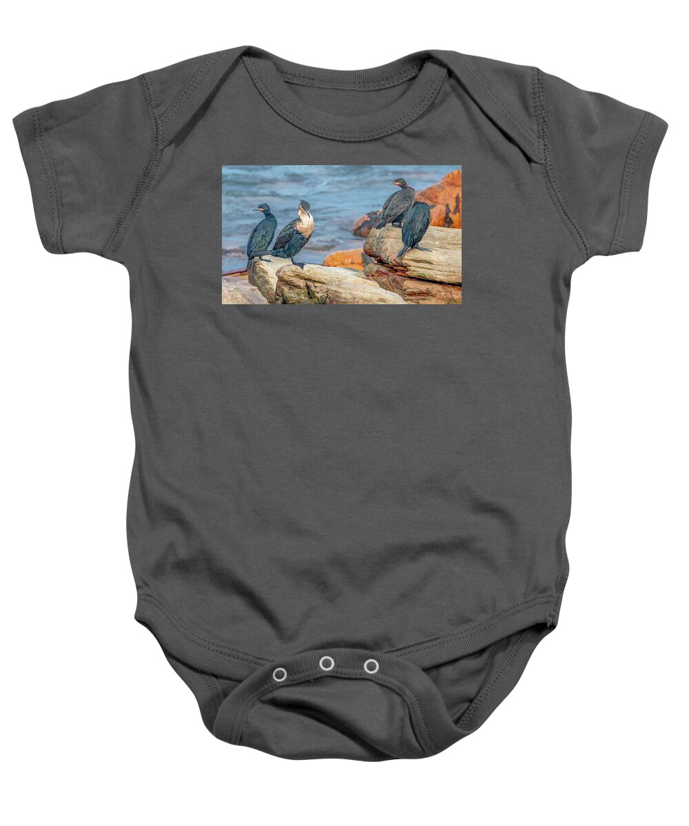 Cormorants Baby Onesie featuring the photograph Crazy Cormorants of South Africa by Marcy Wielfaert