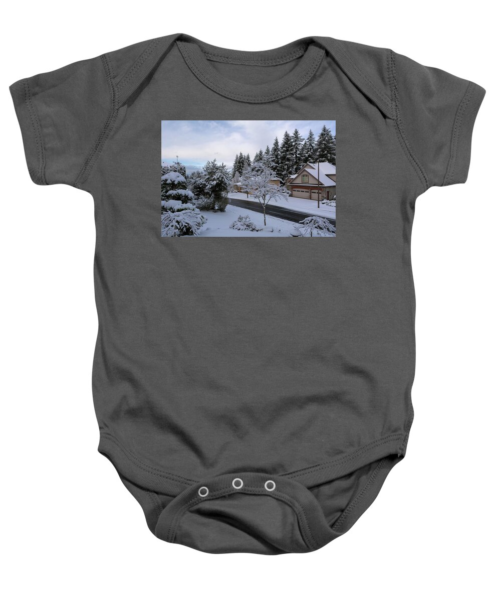 Deicing Baby Onesie featuring the photograph Deiced Street in Upscale Residential Neighborhood in Winter by David Gn