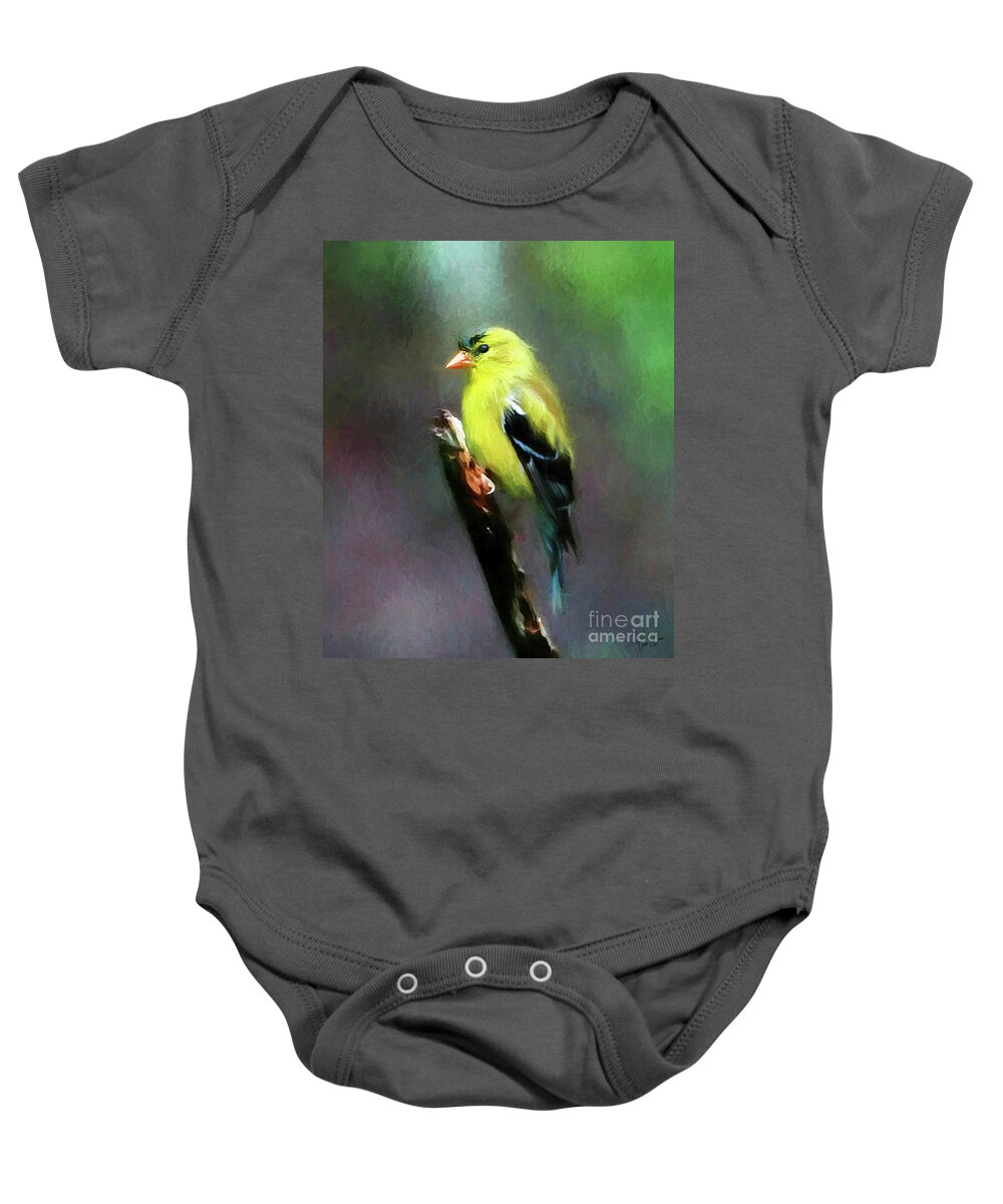 Yellow Finch Baby Onesie featuring the digital art Dressed To Kill by Tina LeCour