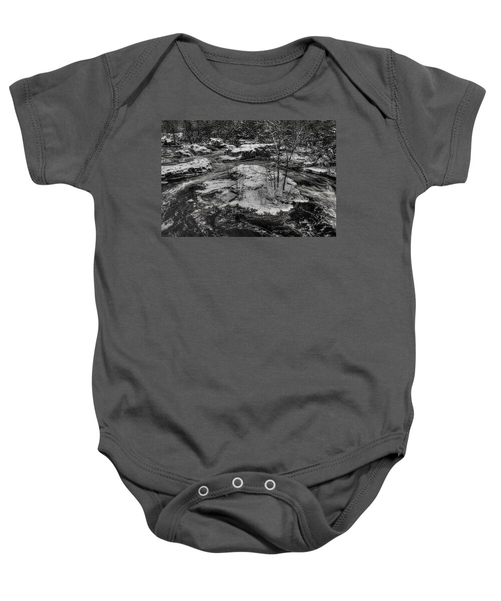 Eau Claire Dells Baby Onesie featuring the photograph Eau Claire Dells Snow Covered Island BW by Dale Kauzlaric