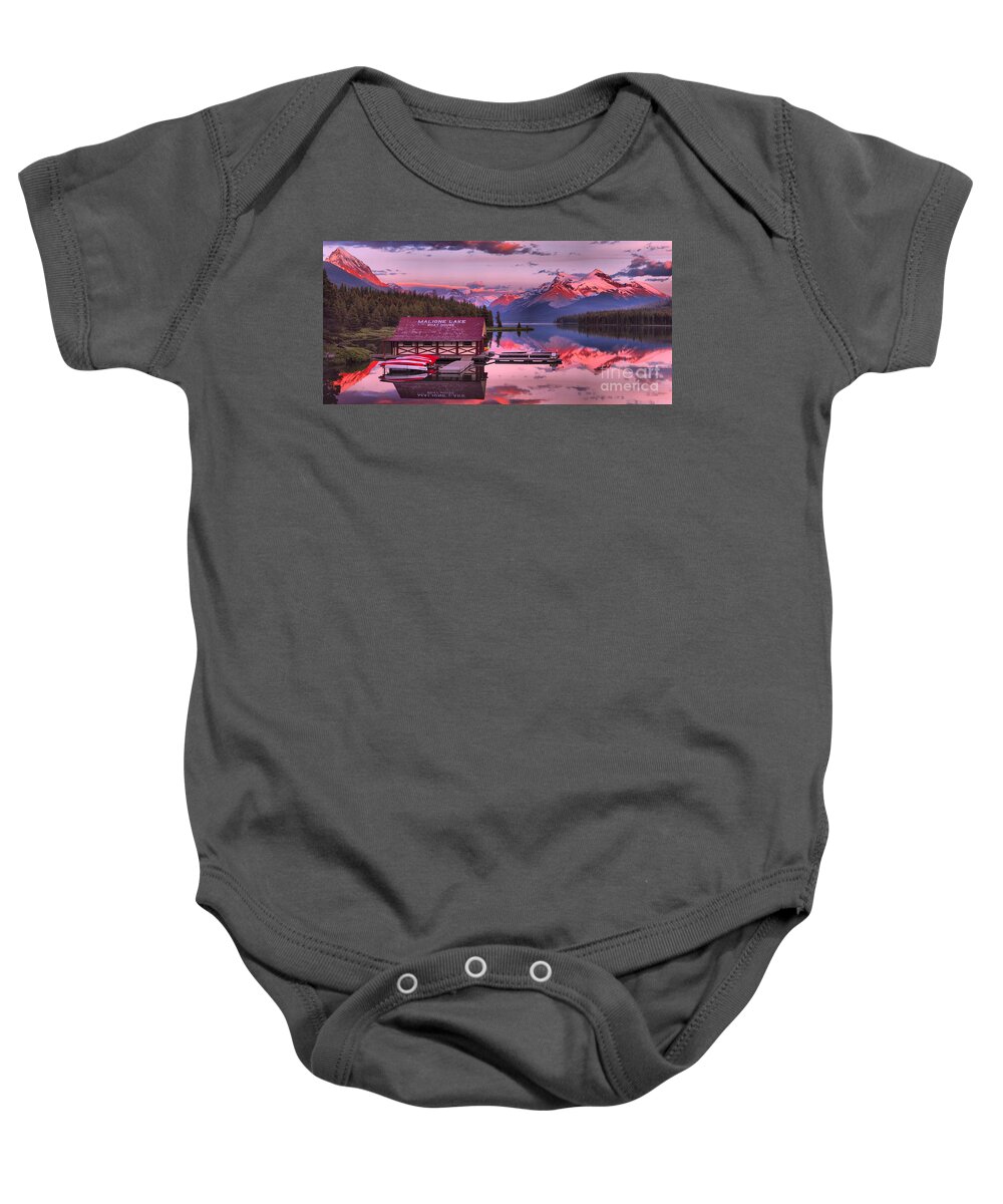 Maligne Lake Baby Onesie featuring the photograph Maligne Lake Sunset Magic by Adam Jewell