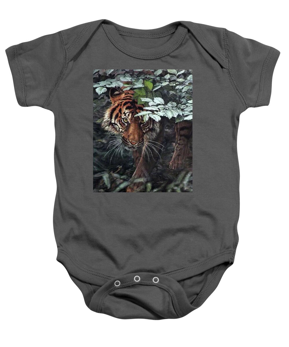 Tiger Baby Onesie featuring the painting Eye See You by Linda Becker