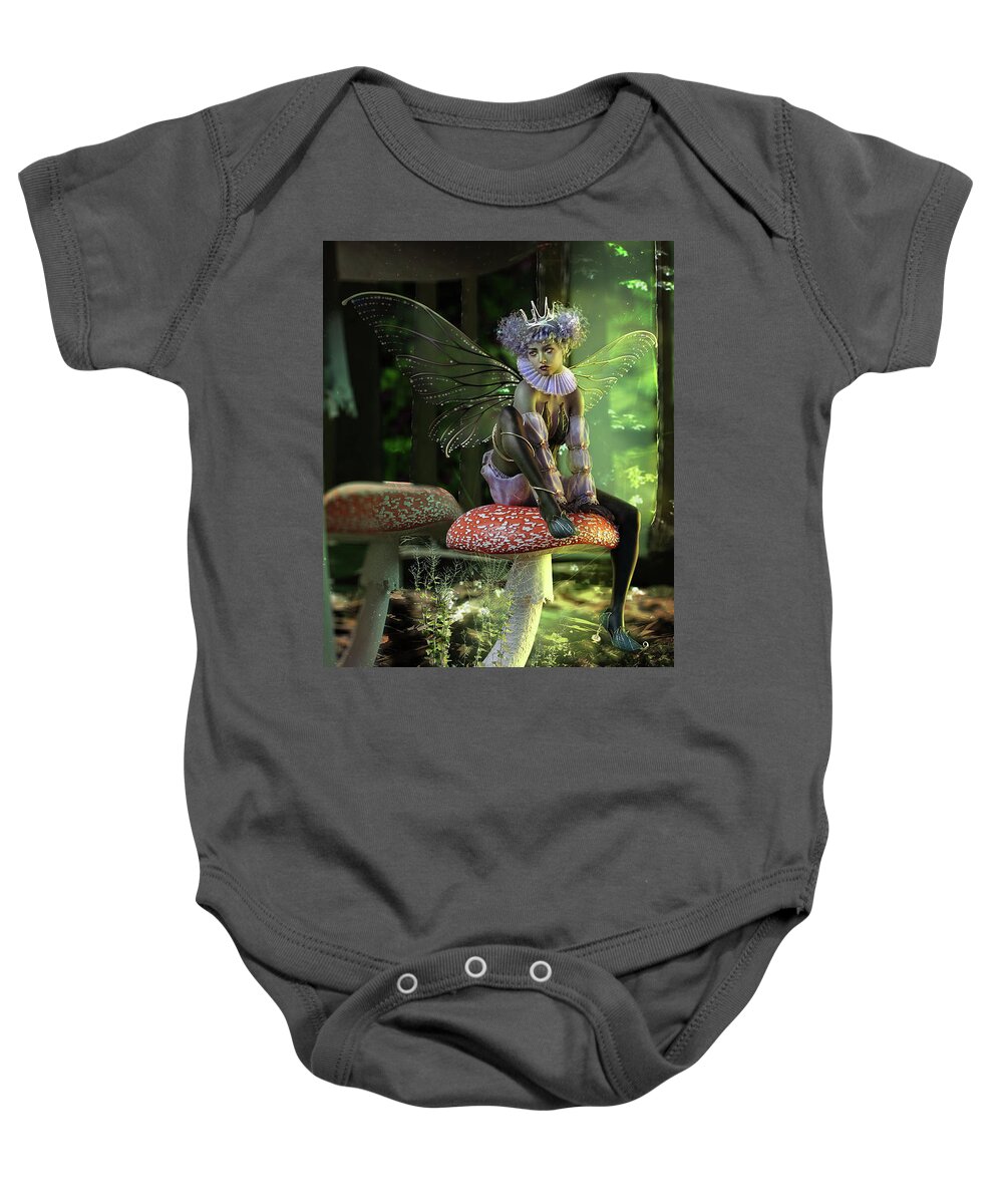 Fairy At The Bottom Of The Garden Baby Onesie featuring the digital art Fairy at the Bottom of the Garden by Shanina Conway
