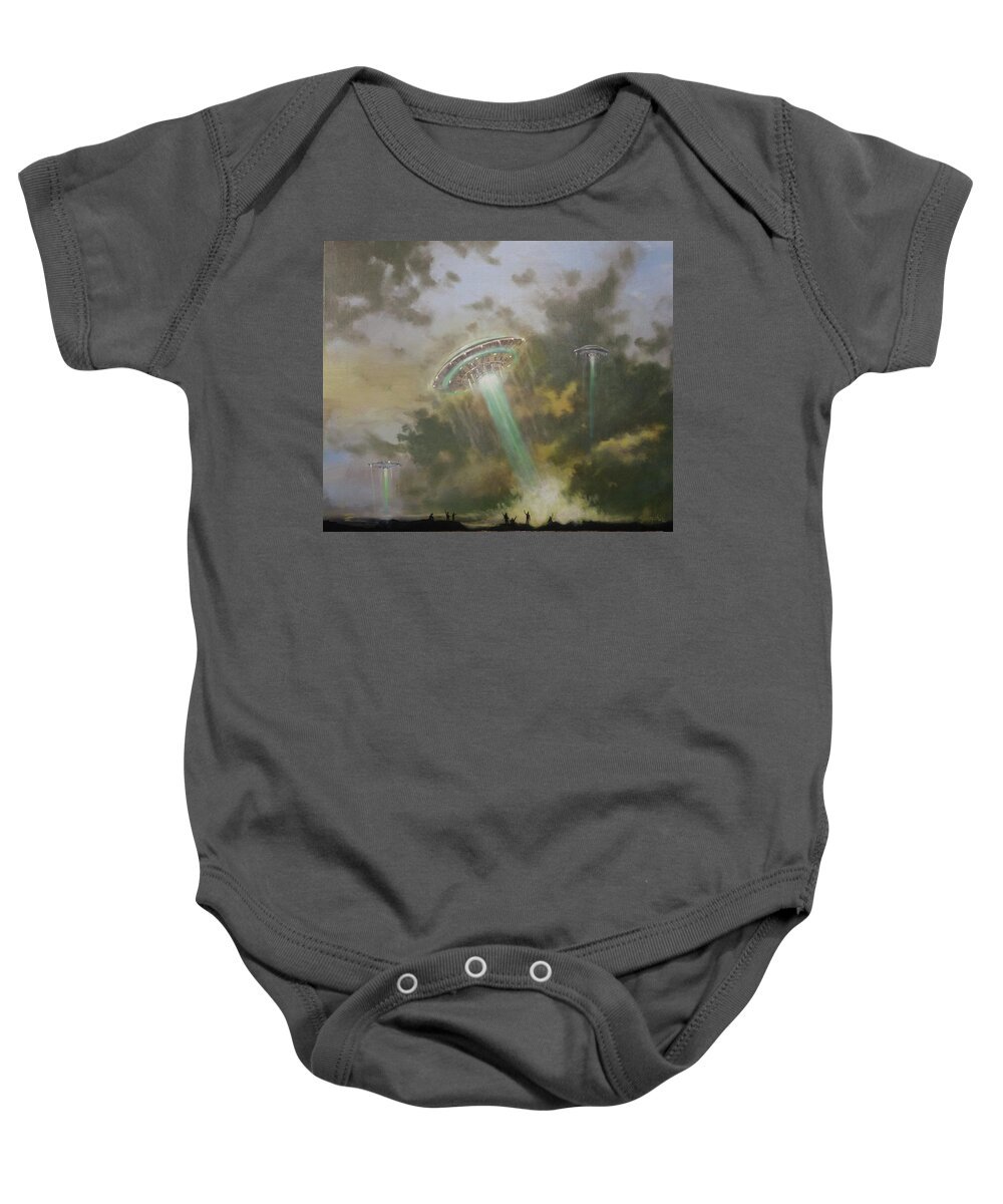  Ufo Baby Onesie featuring the painting Farewell to the Visitors by Tom Shropshire