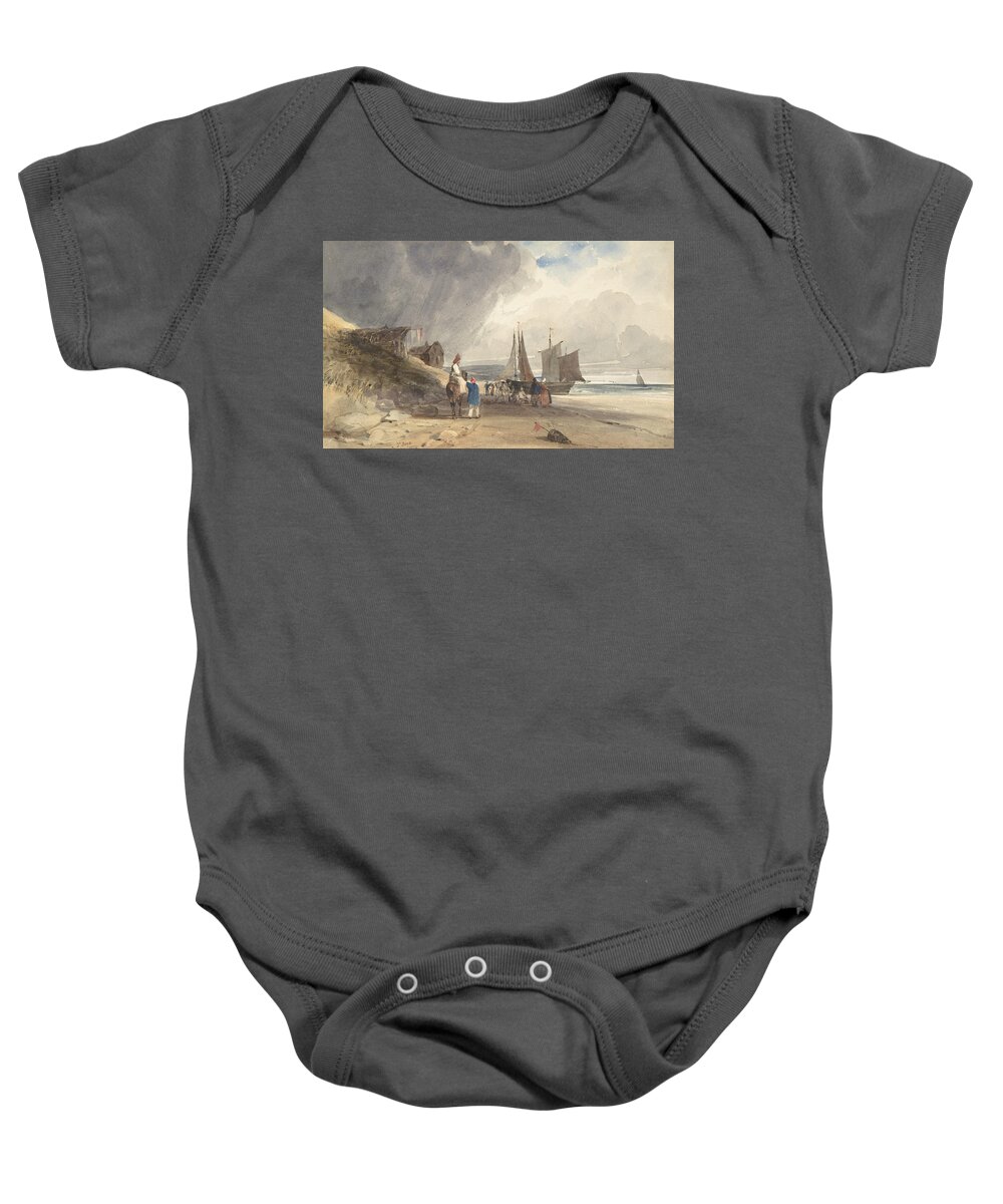 19th Century Art Baby Onesie featuring the drawing Figures on a Beach, Northern France by Thomas Shotter Boys