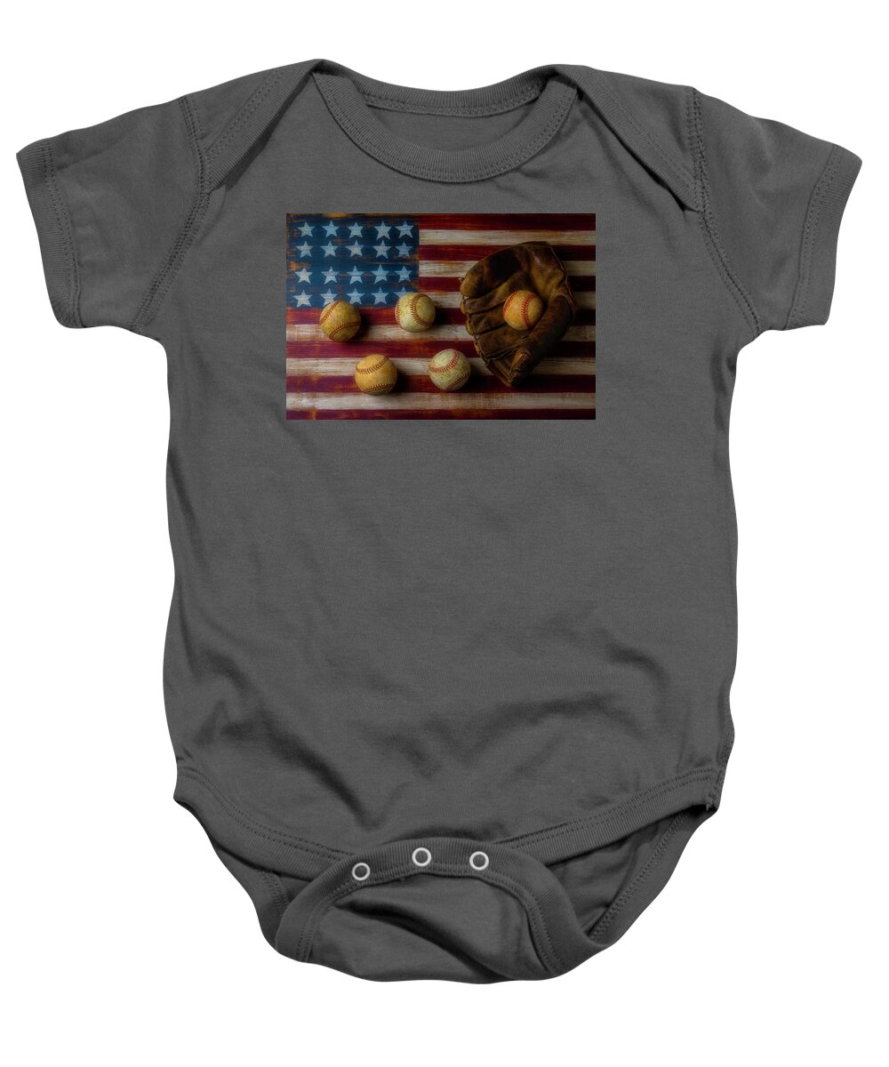 American Baby Onesie featuring the photograph Five Balls And Mitt by Garry Gay