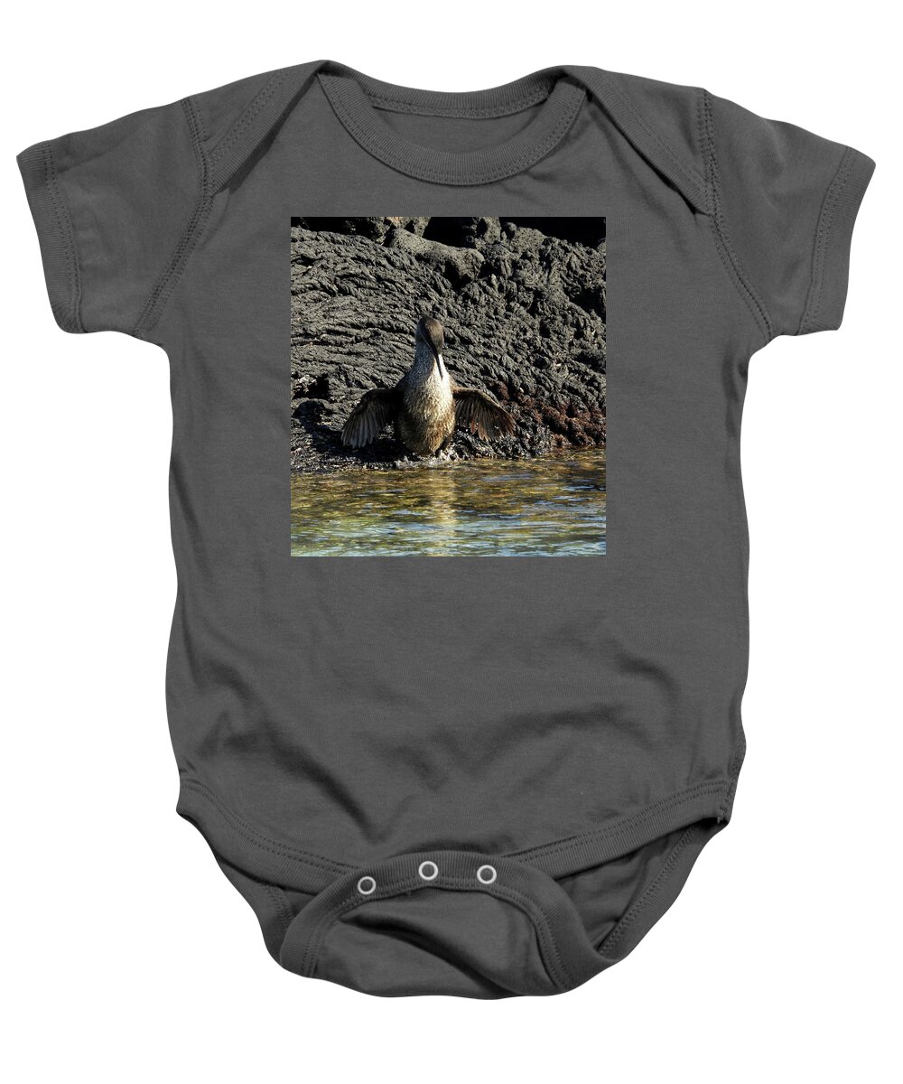 Flightless Cormorant Baby Onesie featuring the photograph Flightless Cormorant of Isabela Island by Jennifer Wheatley Wolf