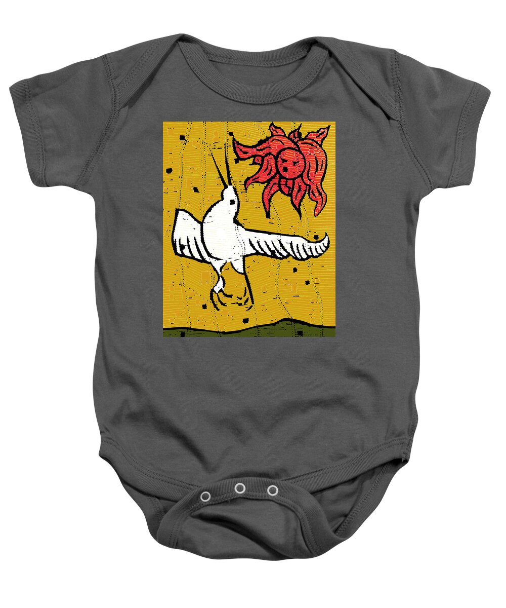Flying Baby Onesie featuring the digital art Flying bird and red sun face by Edgeworth Johnstone