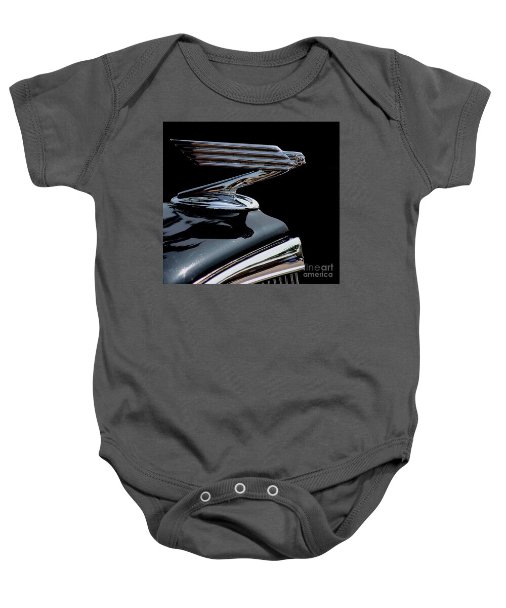 Classic Car Hood Ornament Baby Onesie featuring the photograph Flying by Terri Brewster