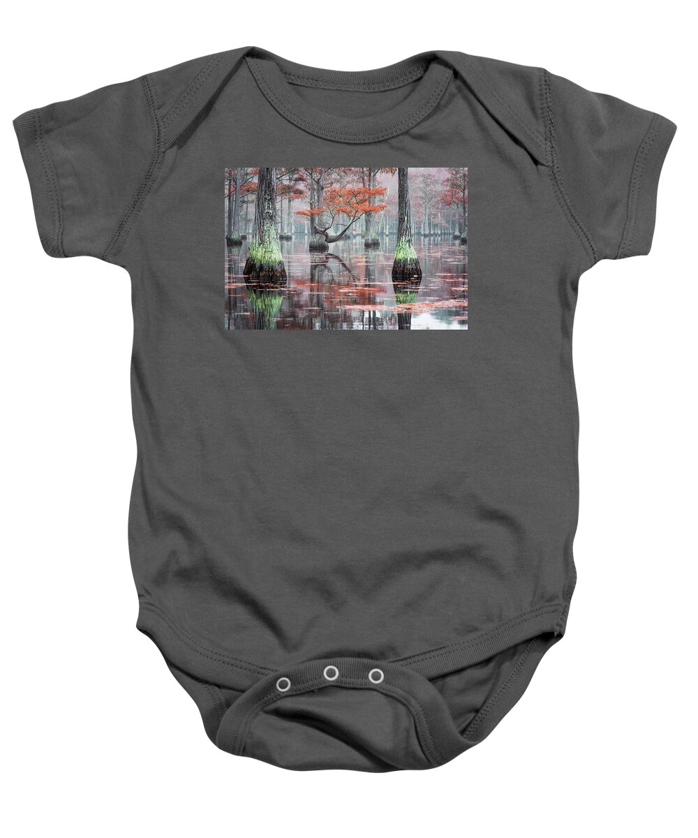 Abstract Baby Onesie featuring the photograph Foggy Morning at the Cypress Lake - 3 by Alex Mironyuk
