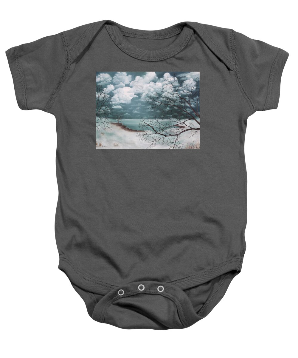 Foggy Baby Onesie featuring the painting Foggy Nights Hue by Berlynn