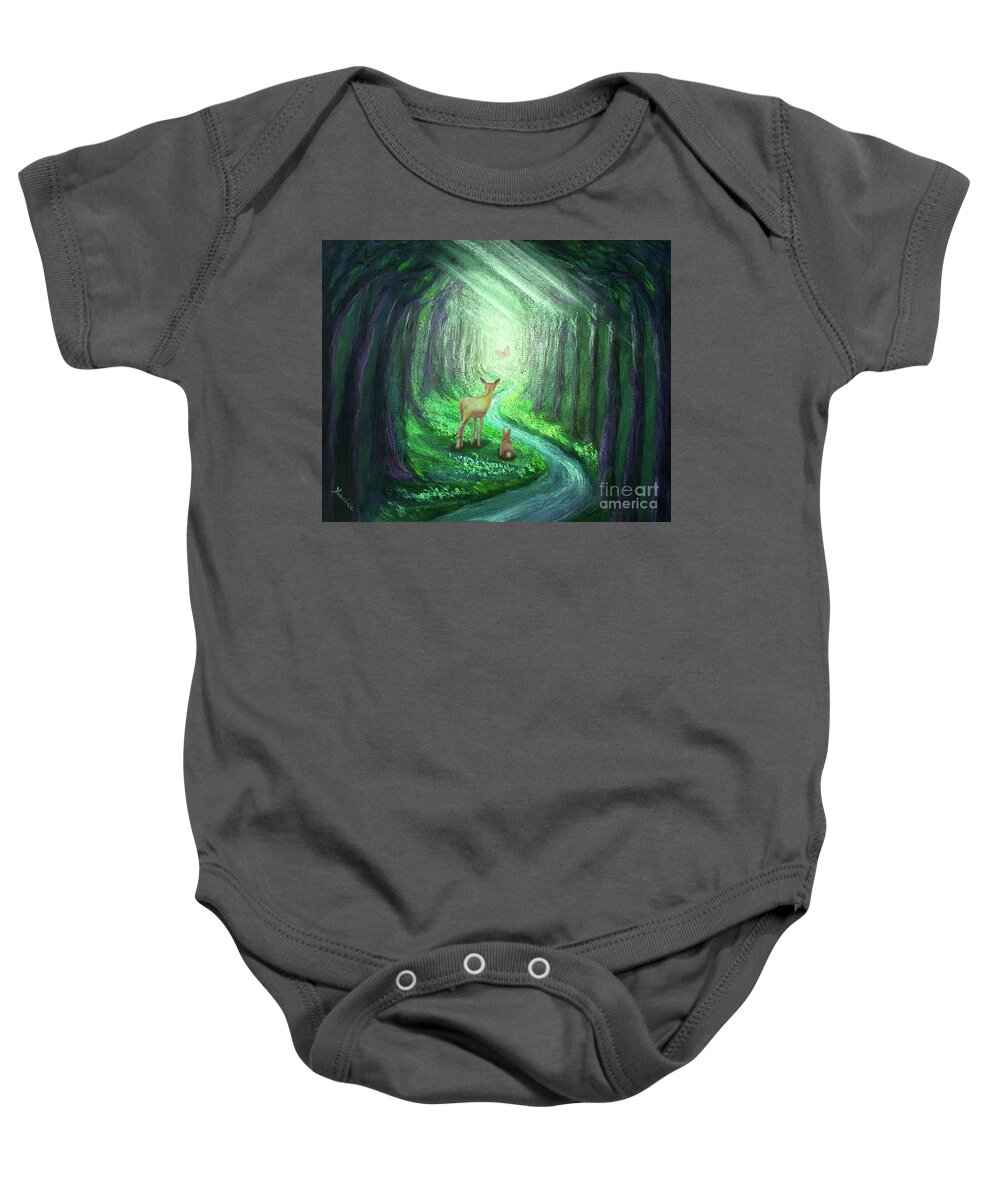Forest Baby Onesie featuring the mixed media Follow the light- green by Yoonhee Ko