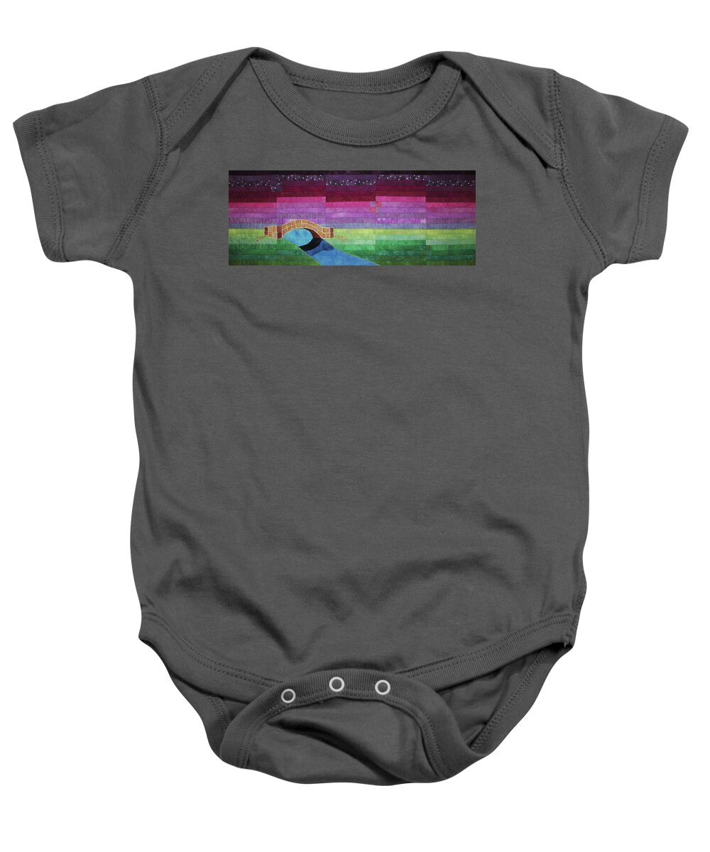 Bridge Baby Onesie featuring the tapestry - textile Four Patch Bridge at Sunset by Pam Geisel