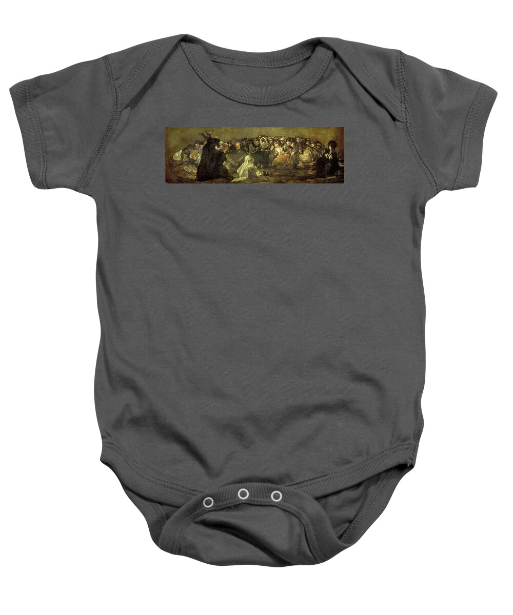 Aquelarre Or The Witches Baby Onesie featuring the painting Francisco de Goya / 'Aquelarre or The Witches' Sabbath', 1820-1823. by Francisco de Goya -1746-1828-