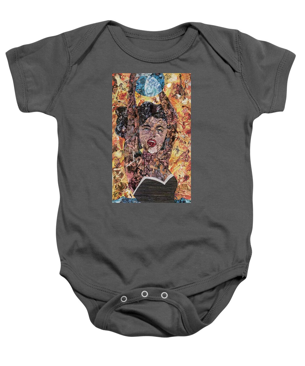 Commentary Baby Onesie featuring the mixed media Girl with Ball After Lichtenstein by Joshua Redman