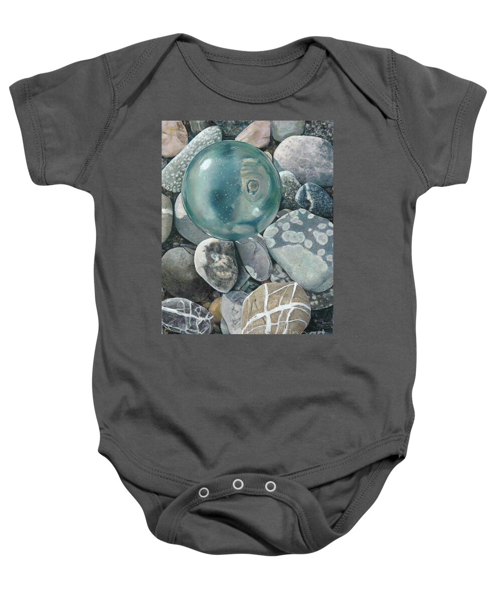 Birdseye Art Studio Baby Onesie featuring the painting Glass Float and Beach Rocks by Nick Payne