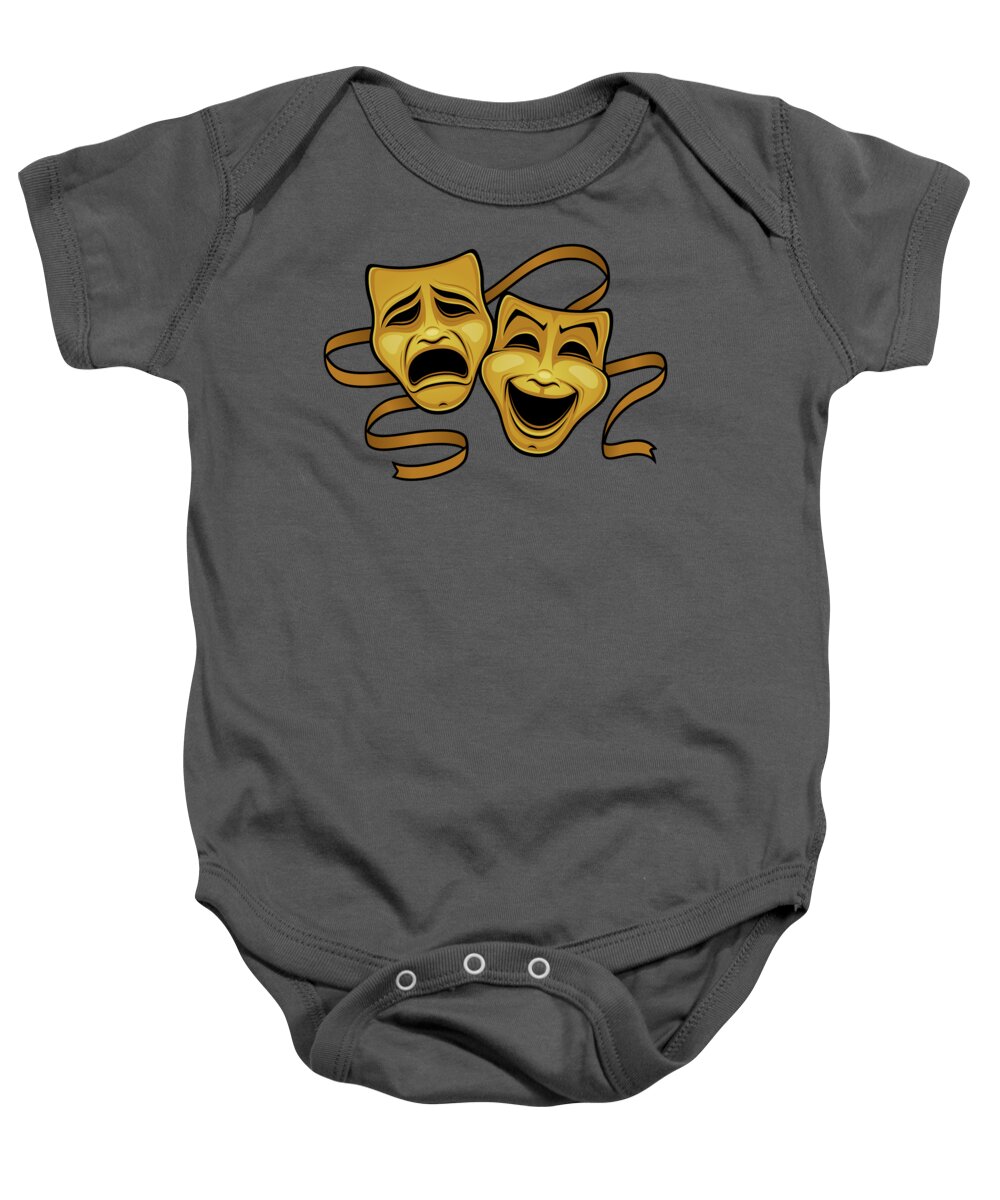 Acting Baby Onesie featuring the photograph Gold Comedy And Tragedy Theater Masks by John Schwegel