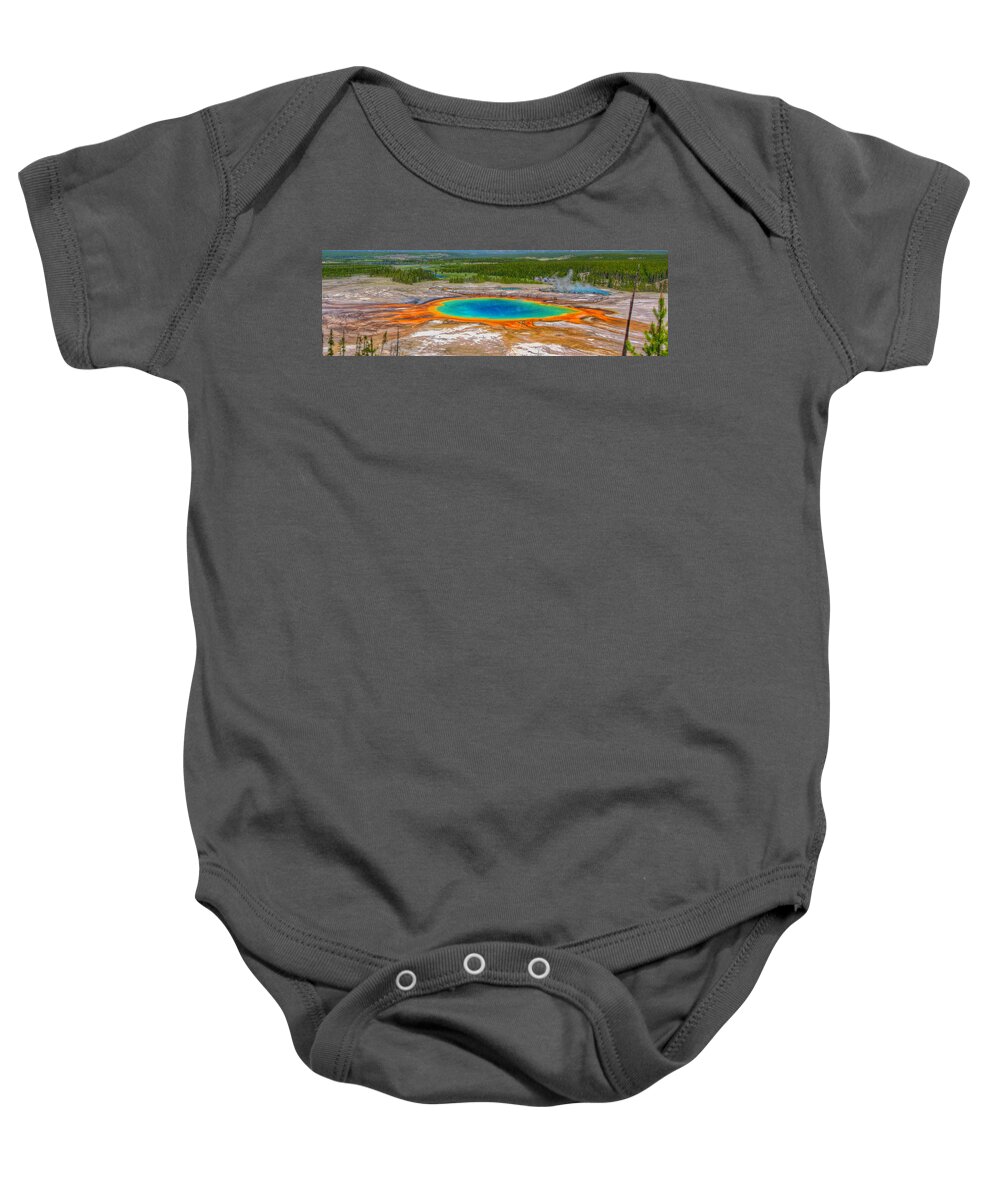 Grand Prismatic Spring Baby Onesie featuring the photograph Grand Prismatic Spring 2011-06 01 Panorama by Jim Dollar