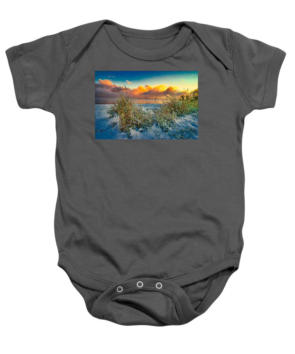 Idaho Baby Onesie featuring the photograph Grass and Snow Sunrise by Tom Gresham
