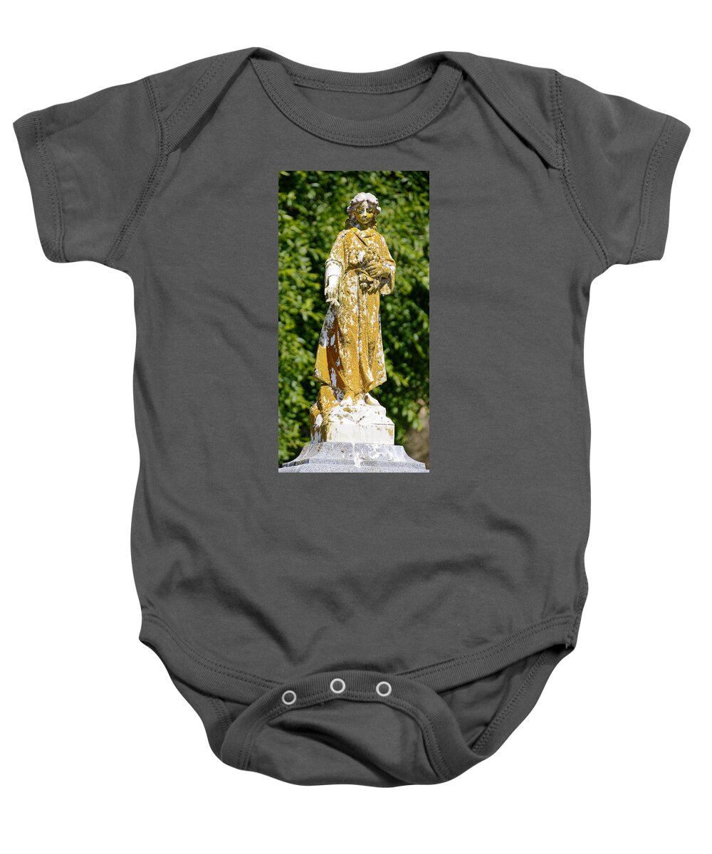 Grave Girl Baby Onesie featuring the photograph Grave Girl -- Memorial Statue in Lompoc Evergreen Cemetery, California by Darin Volpe