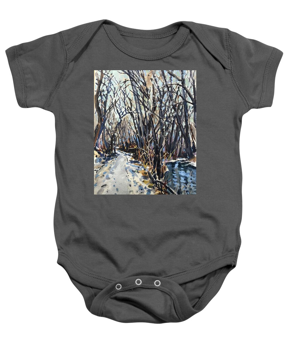 Snow Greenbelt Baby Onesie featuring the painting Greenbelt Snow study by Les Herman