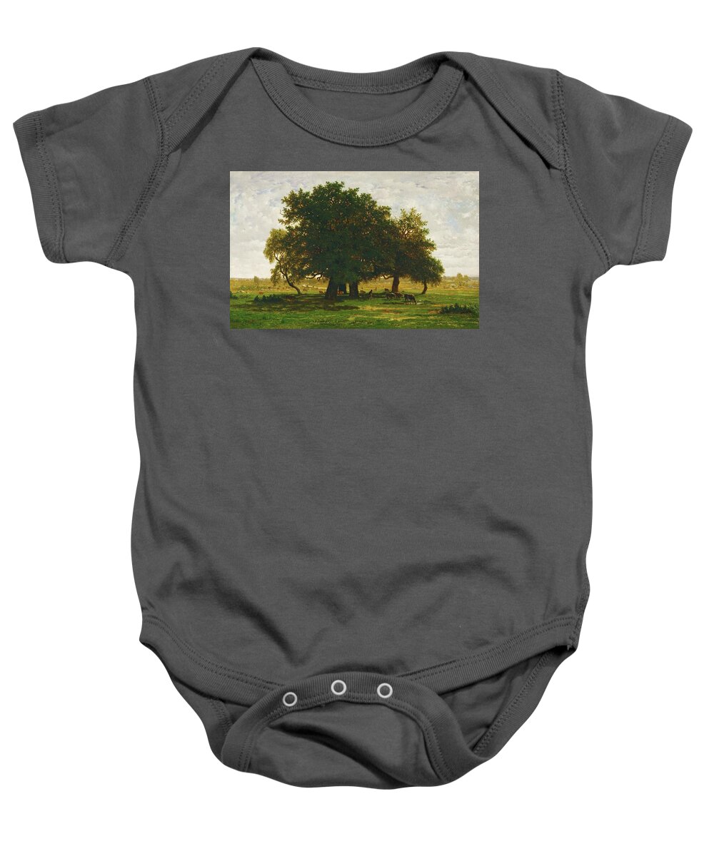 Theodore Rousseau Baby Onesie featuring the painting Groupe de chenes, Apremont -foret de Fontainebleau- A group of oaktrees, Apremont, France. 1855. by Theodore Rousseau -1812-1867-