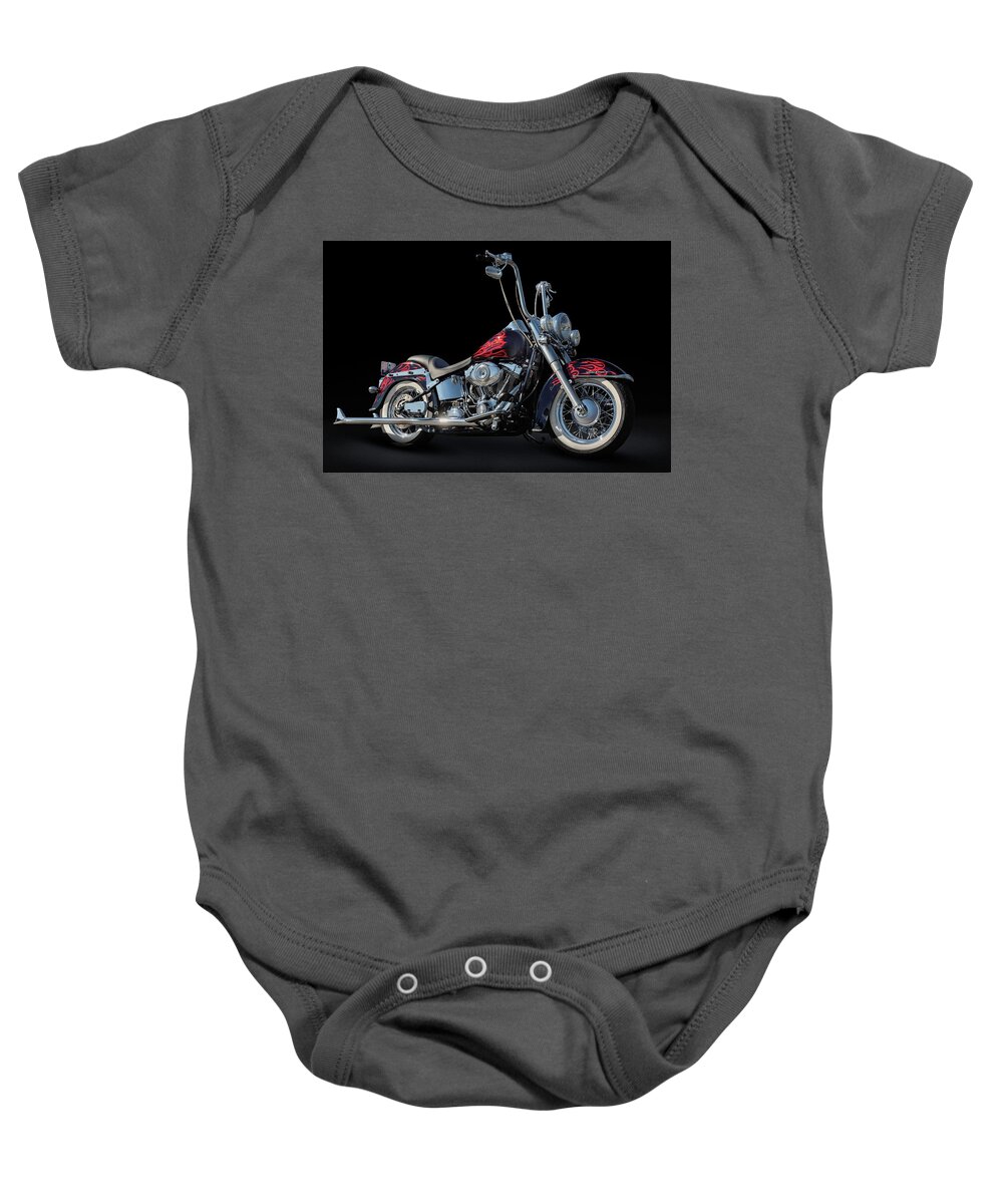 Harley Baby Onesie featuring the photograph Harley Davidson with pipes by Andy Romanoff