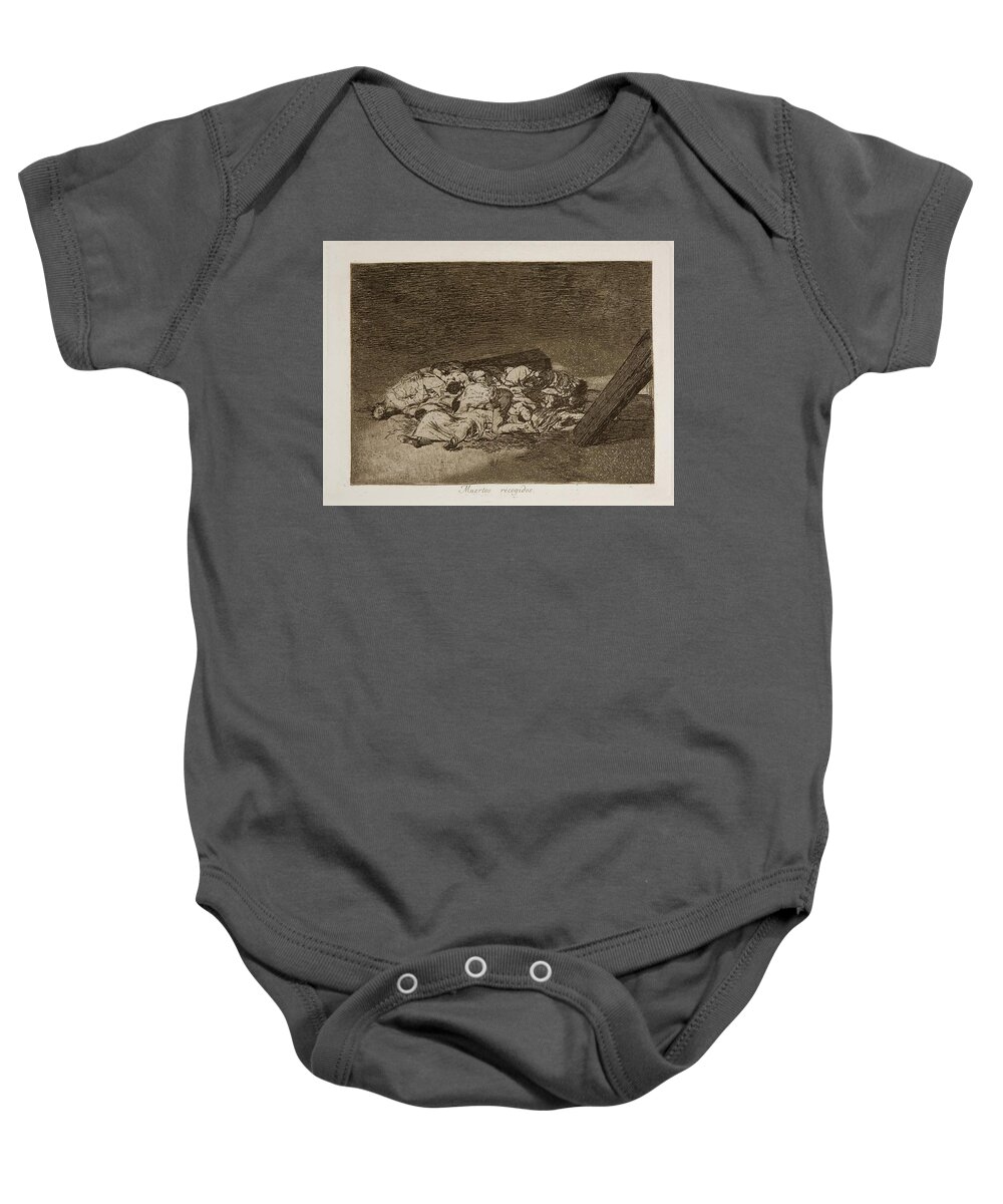 Francisco Jose De Goya Baby Onesie featuring the painting 'Harvest of the Dead'. 1812 - 1814. Etching, Aquatint, Burnisher ... by Francisco de Goya -1746-1828-