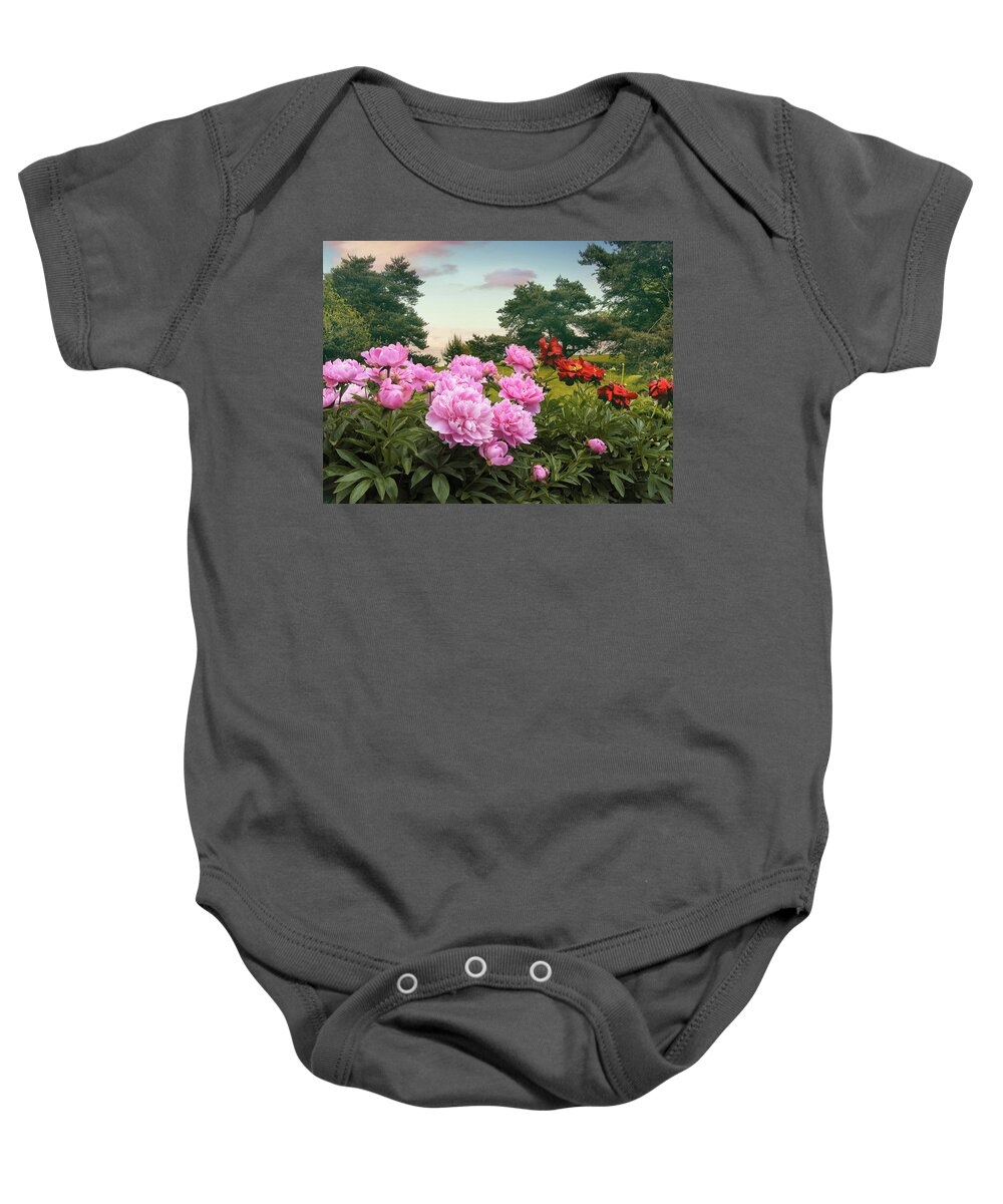 Peonies Baby Onesie featuring the photograph Hillside Peonies by Jessica Jenney