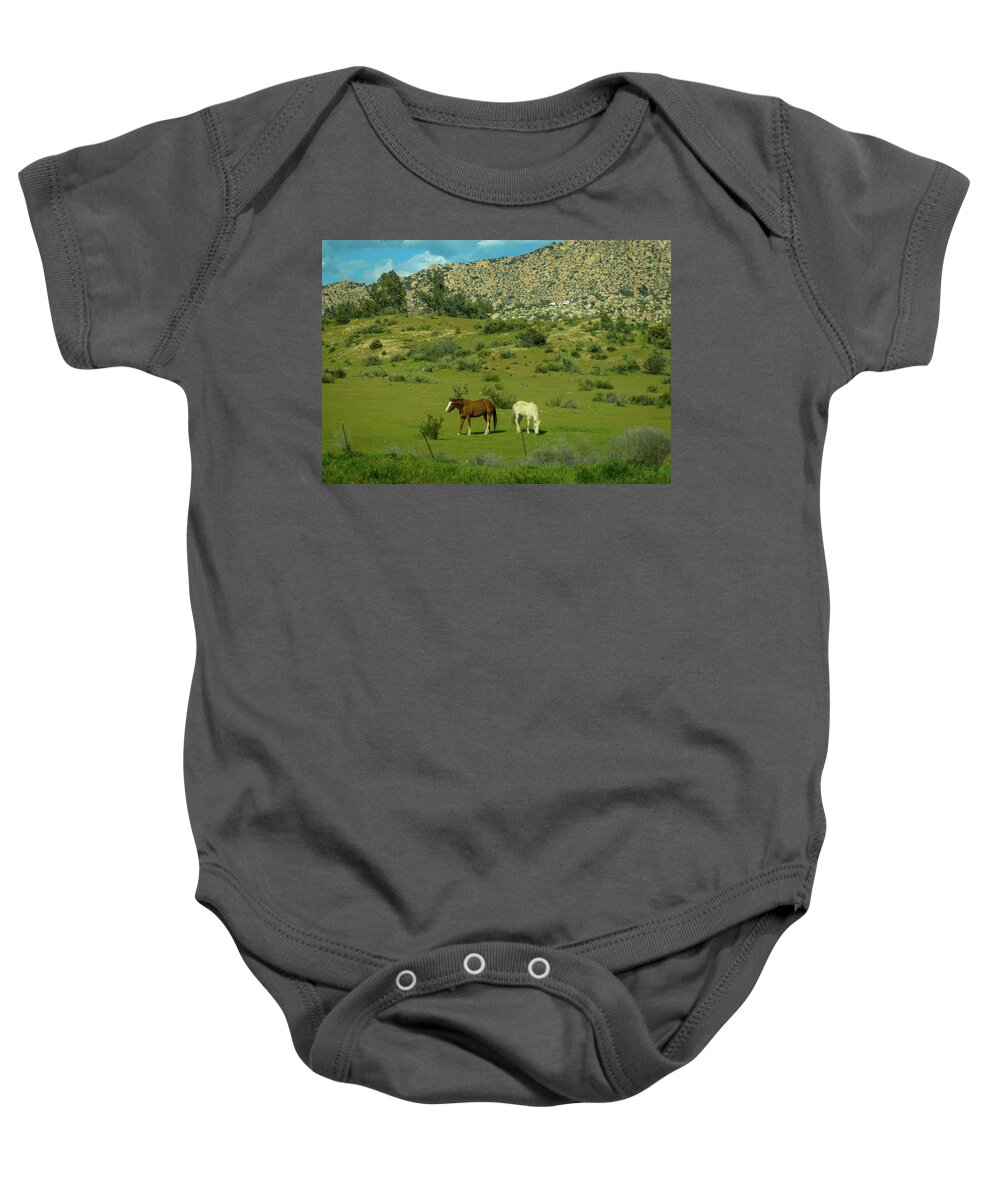 Horses Baby Onesie featuring the photograph Horses on a Hillside by Debra Kewley