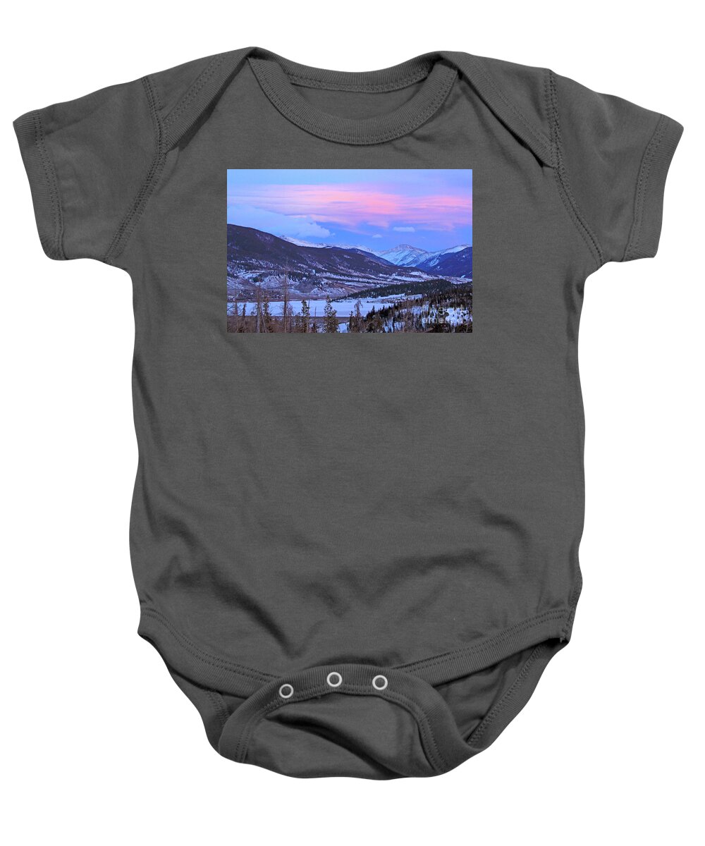 Colorado Baby Onesie featuring the photograph Ice Pink Clouds by Paula Guttilla