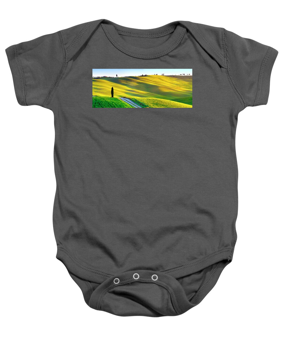 Estock Baby Onesie featuring the digital art Italy, Tuscany, Siena District, Orcia Valley, Tuscan Landscape Lit By The Sunrise by Francesco Carovillano